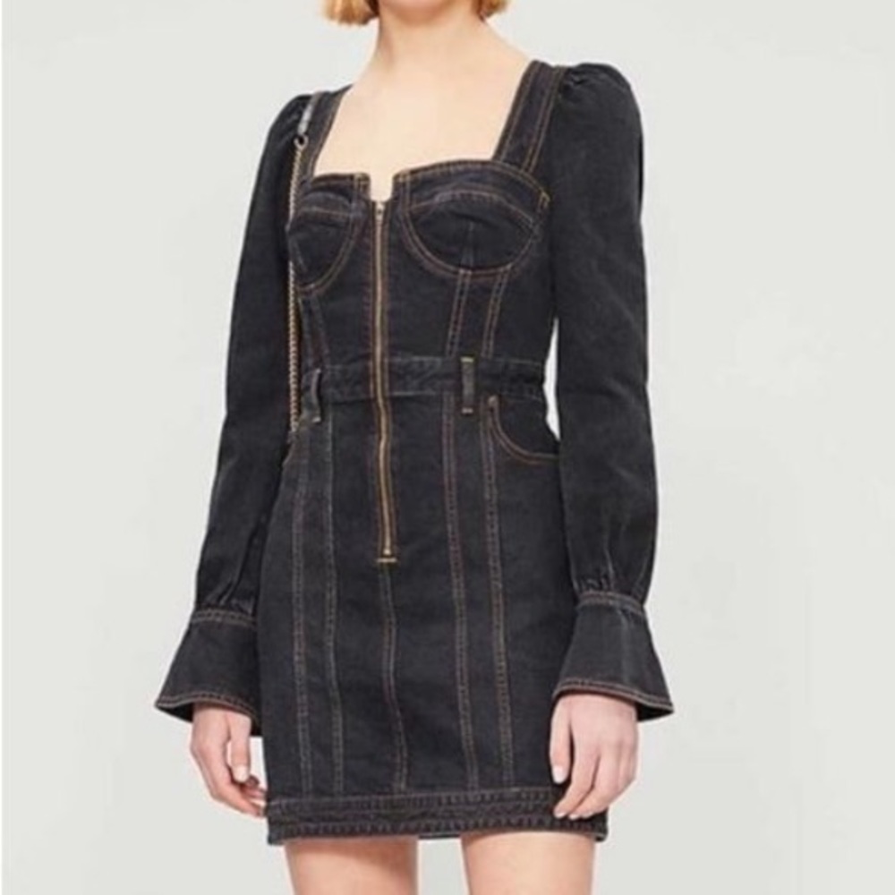 SELF-PORTRAIT X Lee Flared-cuff Denim Bustier Mini Dress In Black rare